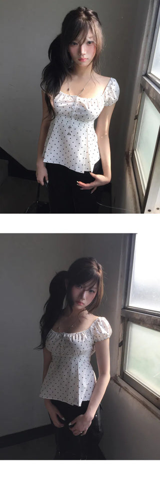 Silky Square Neck Puff Dot Blouse