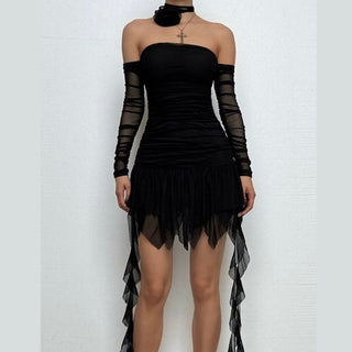 Off shoulder ruched long sleeve solid mini dress