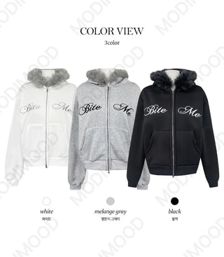 Hirit Two-Way Lettering Fur Hooded Zip-Up - 3 Colors