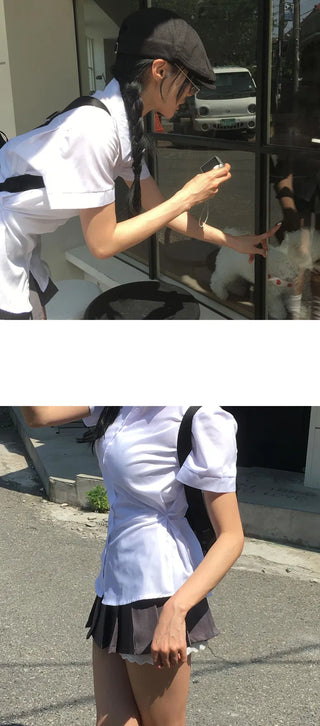 Snap Button Two-Way Short Sleeve Shirt with a Convex Line - 3 Colors