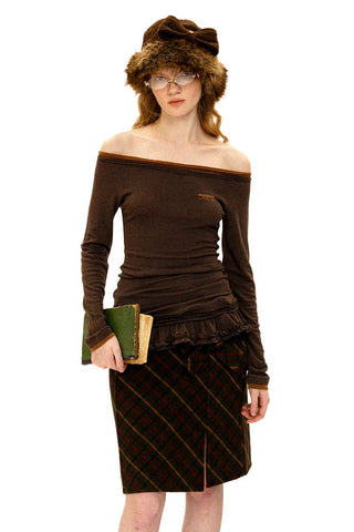 [Moromoro2] Off-Shoulder Ruffle Hem Long Sleeve  Top