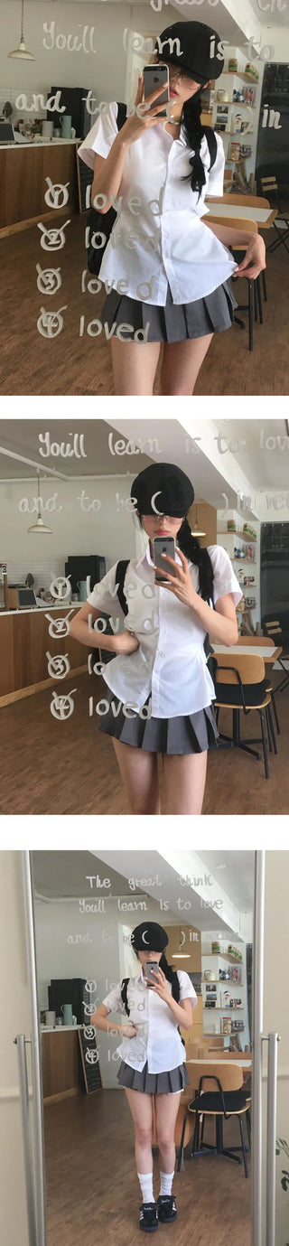 Snap Button Two-Way Short Sleeve Shirt with a Convex Line - 3 Colors