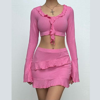 Long flared sleeve v neck ruffle slit mini skirt set
