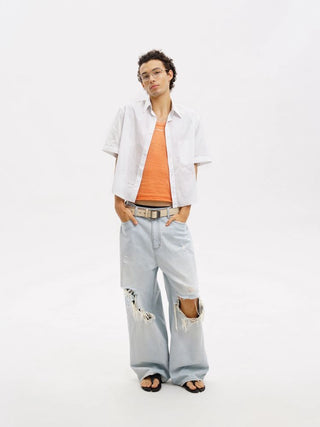 [MASONPRINCE] Frayed Hem Short Sleeve Shirt