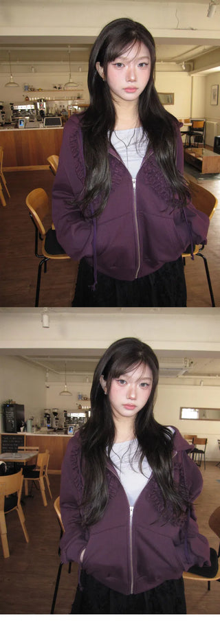 Fur-free lace frill hooded top - 2 colors