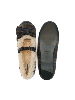 [Moromoro2] Plaid Bow Fur-Lined Ballet  Flats