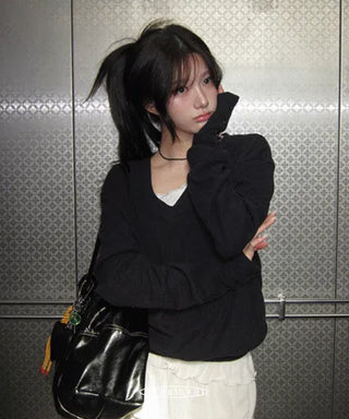 Molded Sleeve Button V-Neck Knitwear MTM - 2 Colors