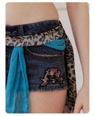 [NECY] New Vintage Floral Leopard Ribbon Denim Shorts