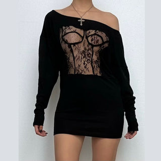 Irregular long sleeve lace see through solid top