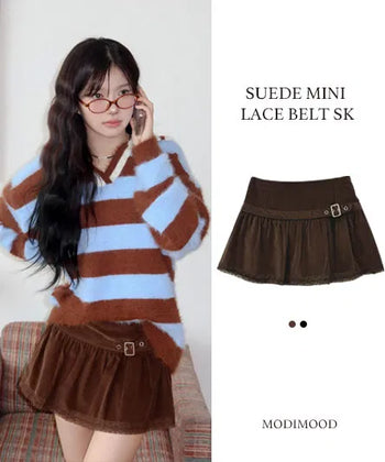 Corduroy lace belt mini skirt - 2 colors