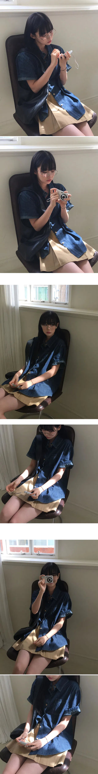 Overfit denim short-sleeved roll-up shirt