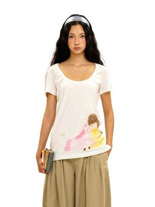 [Moromoro2] Girl & Horse Print Layered Tee  Set