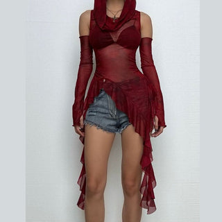 Hoodie cowl neck irregular gloves sheer mesh top