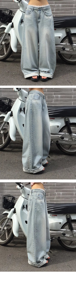 Highly Praised Split Super Wide Light Blue Faded Denim Pants