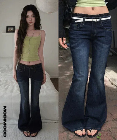 Green Stitch Dark Blue Blue Low Flared Denim Pants