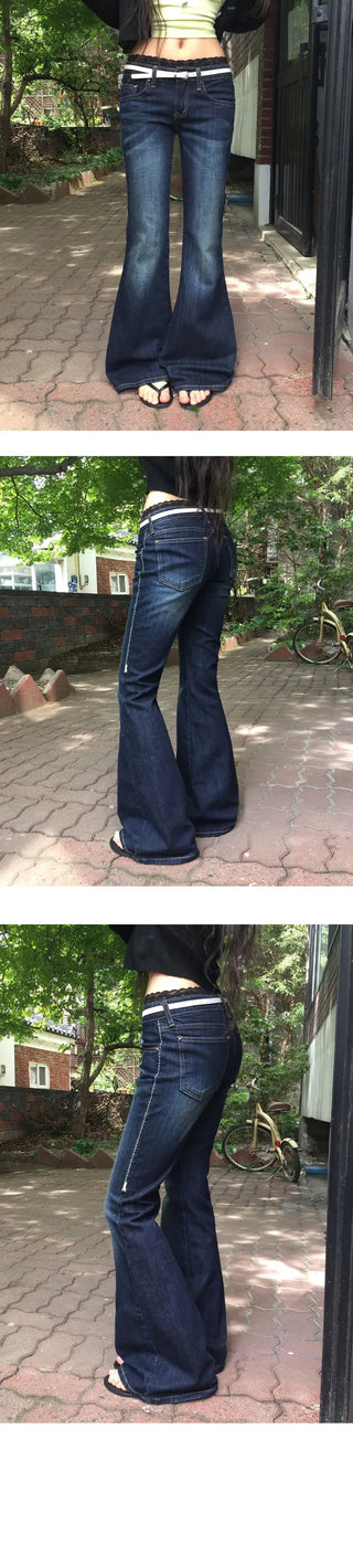 Green Stitch Dark Blue Blue Low Flared Denim Pants