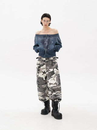 [MASONPRINCE] Off-Shoulder Cropped Zip-Up Cardigan