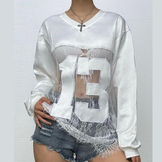 V neck long sleeve lace hem see through top