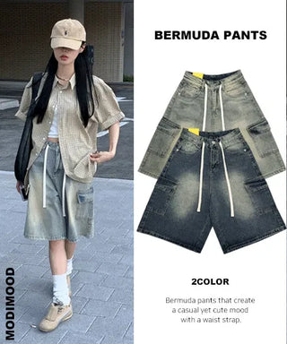 Strappy Bermuda Denim Pants - 2 Colors