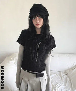 Bonnet Flower Lace Short Sleeve Layered T-shirt - 2 colors