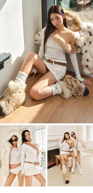 [NOTAWEAR] Fur Trim Off-Shoulder Knit Top