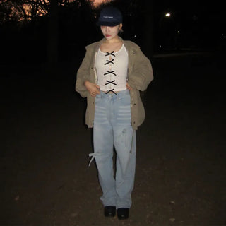 Ribbon denim pants