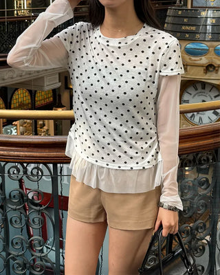 Dot lace layered short-sleeved T-shirt