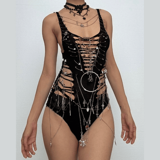 Hollow out metal chain o ring skull applique bodysuit