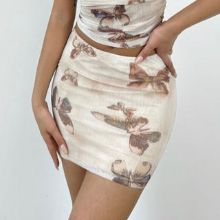 Mesh butterfly print contrast mini skirt