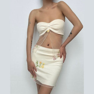 Beaded ruched mesh embroidery tube top