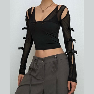 Long sleeve bowknot mesh v neck hollow out cut out top