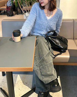 V-neck loose-fit shaggy knit