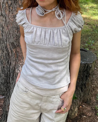 Rose Tie Set Puff Sleeve Gathered Rib Top