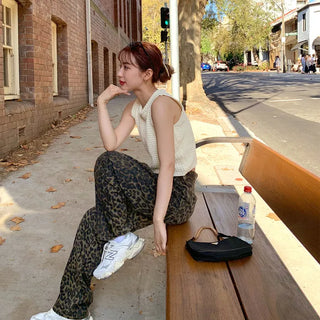 Leopard print denim pants