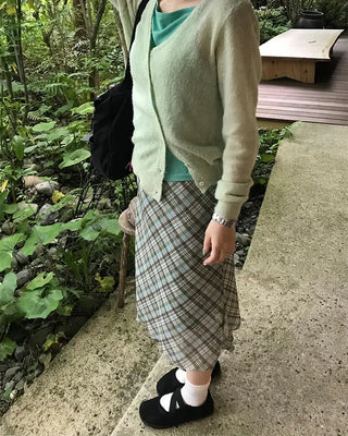 Waist ribbon detail check midi skirt