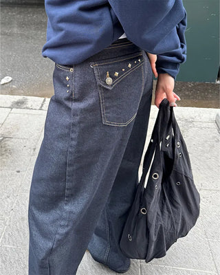 Studded pocket balloon denim pants