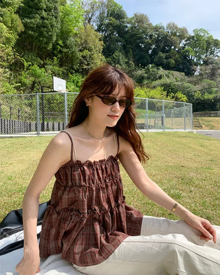 Frilled Shirring Check Sleeveless Dress