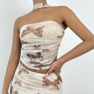 Ruched butterfly print mesh halter top
