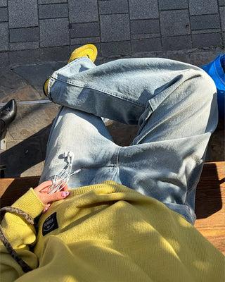 Washed string denim pants