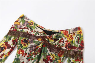 Mesh flower print contrast zip-up off shoulder long sleeve ruched midi dress-final-sale