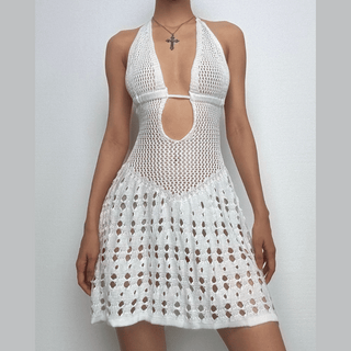 Halter knitted deep V neck see through mini dress