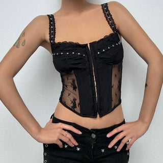 Lace hem u neck button backless cami top