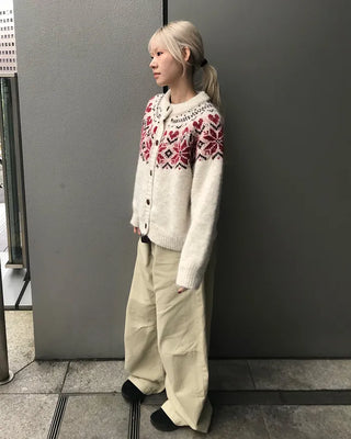 Colored Neck Nordic Knit Cardigan
