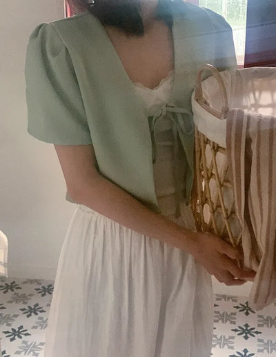 V-neck ribbon short-sleeved bolero jacket cardigan
