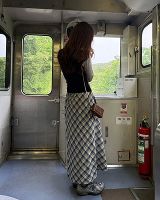 Checked banded long skirt
