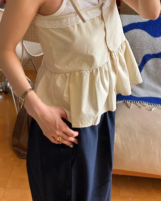 Lace-line shirred sleeveless blouse