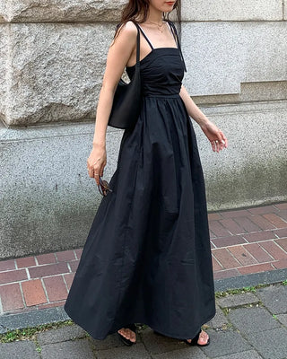 Side-tucked flared long dress