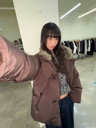 [NEVERSEEZ] Spliced Detachable Fur Collar Down Jacket