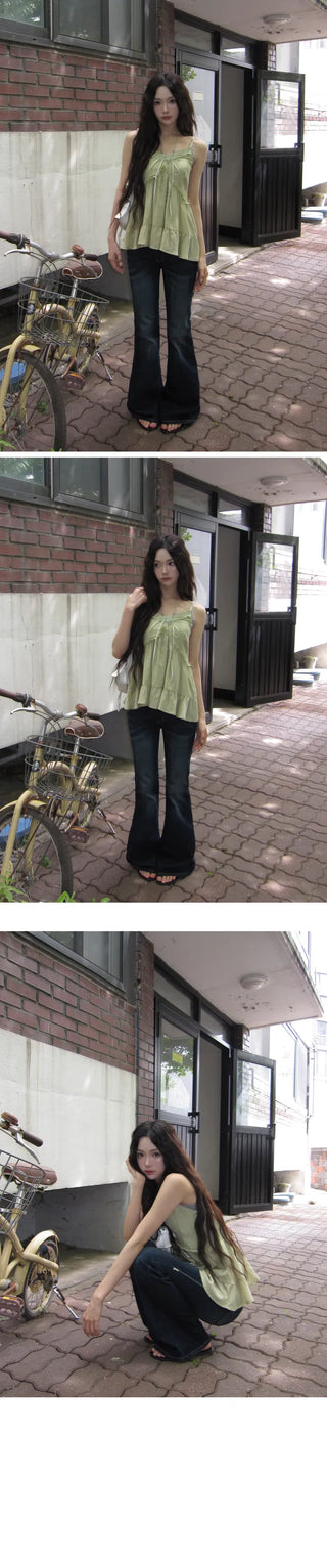 Green Stitch Dark Blue Blue Low Flared Denim Pants