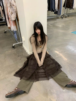 [NeverSeez] Pleated Layered Mesh Cami Dress